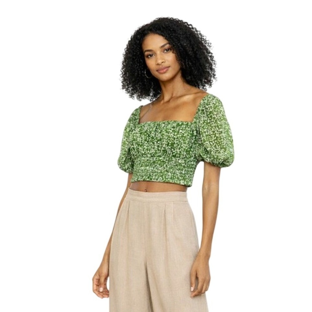 Abercrombie & Fitch‎ Green Print Smocked Puff Sleeve Crop Top Cottagecore Large